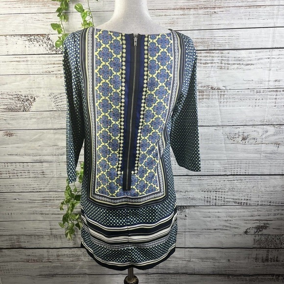 The Limited Dress Extra Small Blue Yellow Boho Straight Sheath Knee Career Slim - Picture 11 of 12